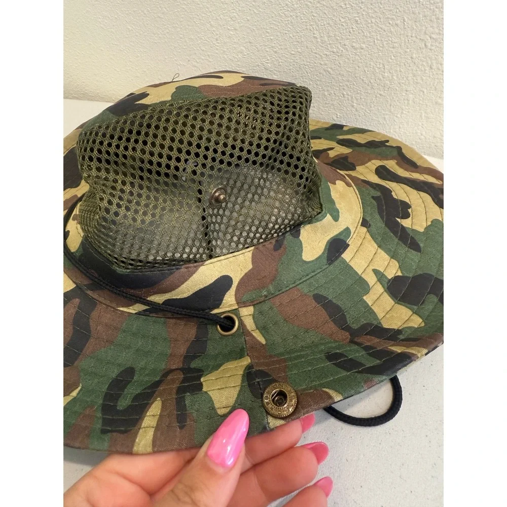 Camo Mesh Sun Hat Adjustable Chin Strap Boonie Fishing Hiking Bucket Hat